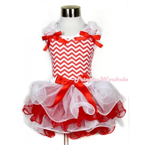 Xmas Red White Wave Tank Top With White Ruffles & Red Bows With Red Bow White Red Petal Pettiskirt MH099 