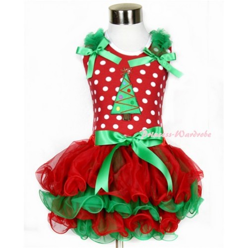 Xmas Minnie Dots Tank Top With Kelly Green Ruffles & Kelly Green Bow & Christmas Tree Print With Kelly Green Bow Red Green Petal Pettiskirt MH090 