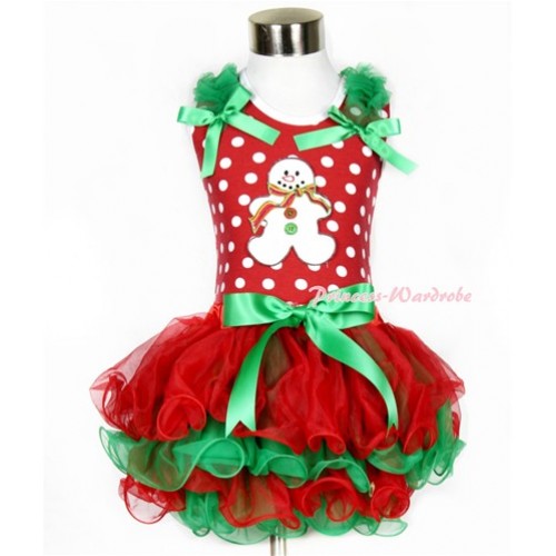 Xmas Minnie Dots Tank Top With Kelly Green Ruffles & Kelly Green Bow & Christmas Gingerbread Snowman Print With Kelly Green Bow Red Green Petal Pettiskirt MH093 