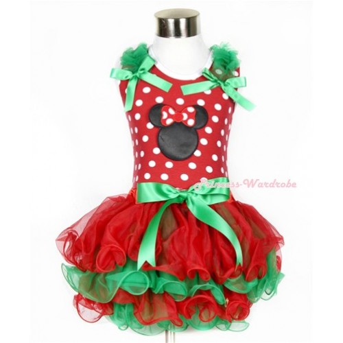 Xmas Minnie Dots Tank Top With Kelly Green Ruffles & Kelly Green Bow & Minnie Print With Kelly Green Bow Red Green Petal Pettiskirt MH098 