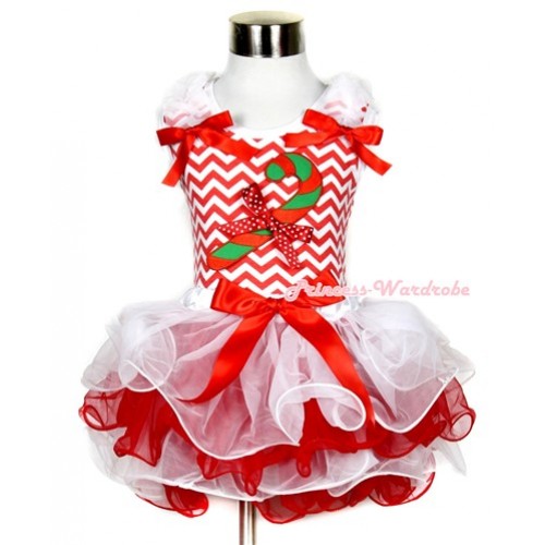 Xmas Red White Wave Tank Top With White Ruffles & Red Bow & Christmas Stick Print & Minnie Dots Bow With Red Bow White Red Petal Pettiskirt MH100 
