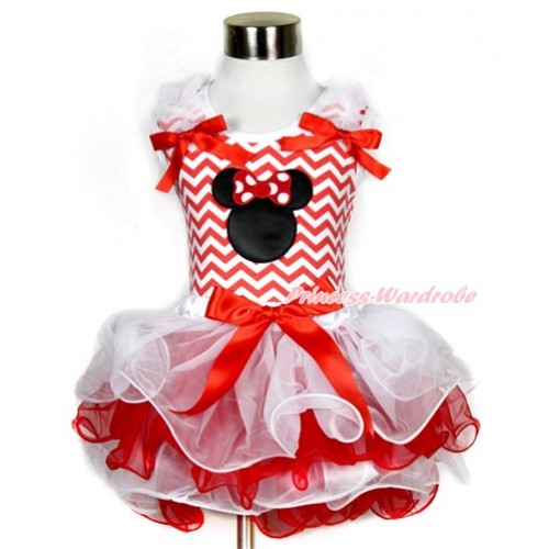 Xmas Red White Wave Tank Top With White Ruffles & Red Bow & Minnie Print With Red Bow White Red Petal Pettiskirt MH101 