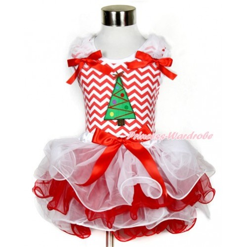Xmas Red White Wave Tank Top With White Ruffles & Red Bow & Christmas Tree Print With Red Bow White Red Petal Pettiskirt MH103 