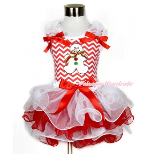 Xmas Red White Wave Tank Top With White Ruffles & Red Bow & Christmas Gingerbread Snowman Print With Red Bow White Red Petal Pettiskirt MH106 