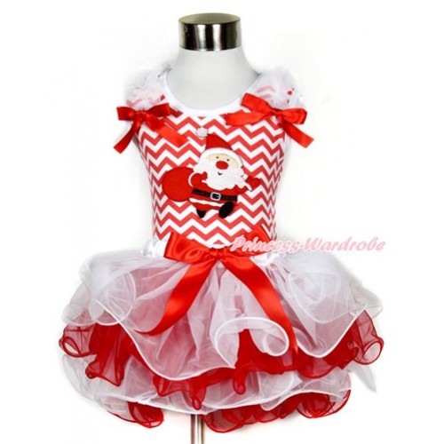 Xmas Red White Wave Tank Top With White Ruffles & Red Bow & Gift Bag Santa Claus Print With Red Bow White Red Petal Pettiskirt MH109 