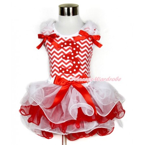 Xmas Red White Wave Tank Top With White Ruffles & Red Bow & 3rd Red White Dots Birthday Number Print With Red Bow White Red Petal Pettiskirt MH112 