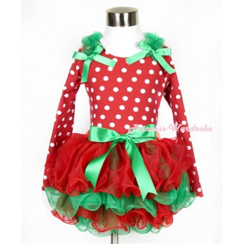 Xmas Kelly Green Bow Red Green Petal Pettiskirt with Matching Minnie Dots Long Sleeve Top with Kelly Green Ruffles & Kelly Green Bow MW314 