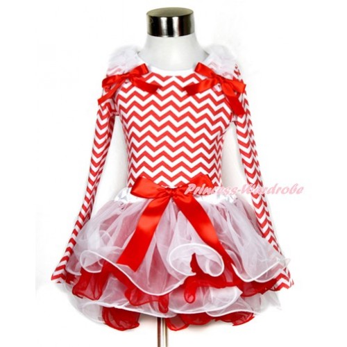 Xmas Red Bow White Red Petal Pettiskirt with Matching Red White Wave Long Sleeve Top with White Ruffles & Red Bow MW325 
