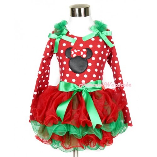 Xmas Kelly Green Bow Red Green Petal Pettiskirt with Matching Minnie Dots Long Sleeve Top with Kelly Green Ruffles & Kelly Green Bow & Minnie Print MW315 