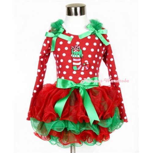Xmas Kelly Green Bow Red Green Petal Pettiskirt with Matching Minnie Dots Long Sleeve Top with Kelly Green Ruffles & Kelly Green Bow & Christmas Stocking Print MW319 