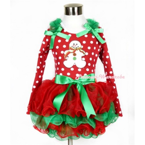 Xmas Kelly Green Bow Red Green Petal Pettiskirt with Matching Minnie Dots Long Sleeve Top with Kelly Green Ruffles & Kelly Green Bow & Christmas Gingerbread Snowman Print MW320 