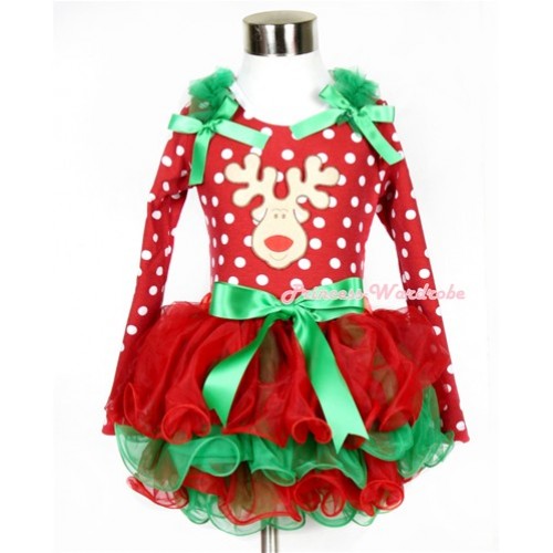 Xmas Kelly Green Bow Red Green Petal Pettiskirt with Matching Minnie Dots Long Sleeve Top with Kelly Green Ruffles & Kelly Green Bow & Christmas Reindeer Print MW321 