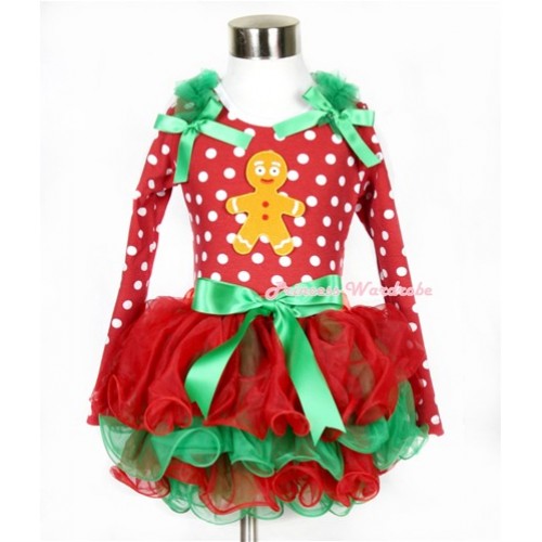 Xmas Kelly Green Bow Red Green Petal Pettiskirt with Matching Minnie Dots Long Sleeve Top with Kelly Green Ruffles & Kelly Green Bow & Brown Gingerbread Man Print MW322 