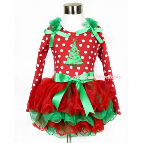 Xmas Kelly Green Bow Red Green Petal Pettiskirt with Matching Minnie Dots Long Sleeve Top with Kelly Green Ruffles & Kelly Green Bow & Christmas Tree Print MW323 