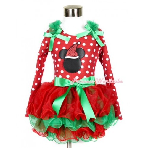 Xmas Kelly Green Bow Red Green Petal Pettiskirt with Matching Minnie Dots Long Sleeve Top with Kelly Green Ruffles & Kelly Green Bow & Christmas Minnie Print MW324 