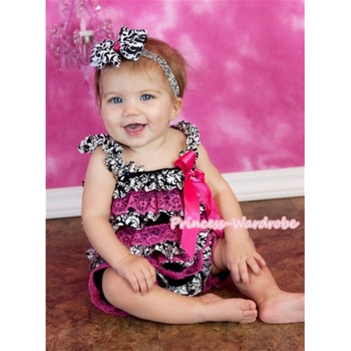 Damask Hot Pink Layer Chiffon Romper with Hot Pink Bow & Straps LR114 