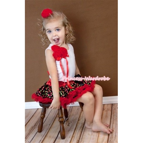 White Tank Top with Bunch of Red Rosettes and Ribbon & Hot Red Black Cherry Pettiskirt MG444 