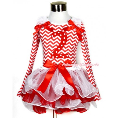Xmas Red Bow White Red Petal Pettiskirt with Matching Red White Wave Long Sleeve Top with White Ruffles & Red Bow & 2nd Red White Dots Birthday Number Print MW327 
