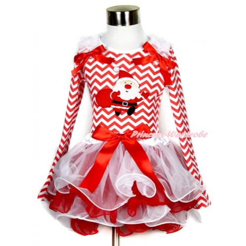 Xmas Red Bow White Red Petal Pettiskirt with Matching Red White Wave Long Sleeve Top with White Ruffles & Red Bow & Gift Bag Santa Claus Print MW329 