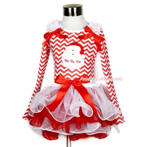 Xmas Red Bow White Red Petal Pettiskirt with Matching Red White Wave Long Sleeve Top with White Ruffles & Red Bow & Santa Claus Print MW330 