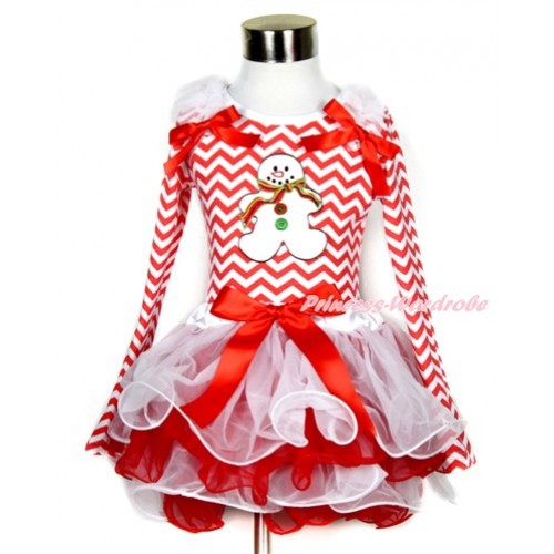 Xmas Red Bow White Red Petal Pettiskirt with Matching Red White Wave Long Sleeve Top with White Ruffles & Red Bow & Christmas Gingerbread Snowman Print MW332 