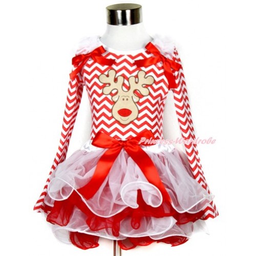 Xmas Red Bow White Red Petal Pettiskirt with Matching Red White Wave Long Sleeve Top with White Ruffles & Red Bow & Christmas Reindeer Print MW333 