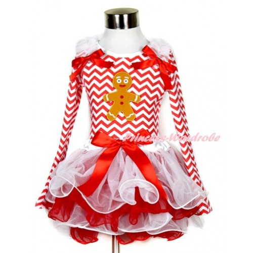 Xmas Red Bow White Red Petal Pettiskirt with Matching Red White Wave Long Sleeve Top with White Ruffles & Red Bow & Brown Gingerbread Man Print MW334 