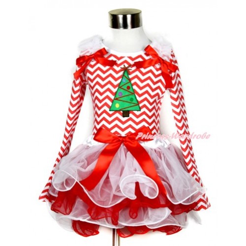 Xmas Red Bow White Red Petal Pettiskirt with Matching Red White Wave Long Sleeve Top with White Ruffles & Red Bow & Christmas Tree Print MW335 