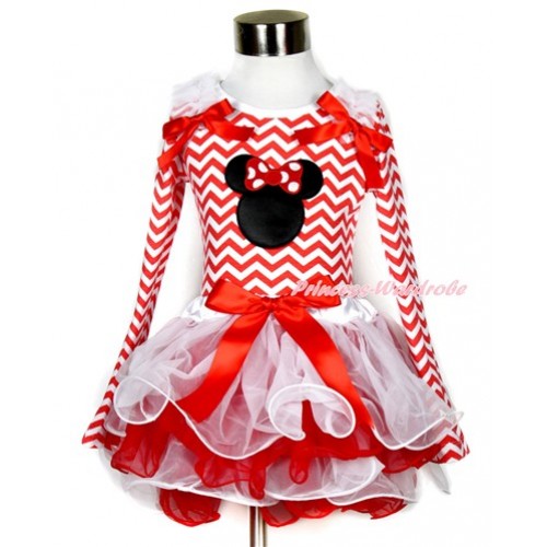 Xmas Red Bow White Red Petal Pettiskirt with Matching Red White Wave Long Sleeve Top with White Ruffles & Red Bow & Minnie Print MW337 