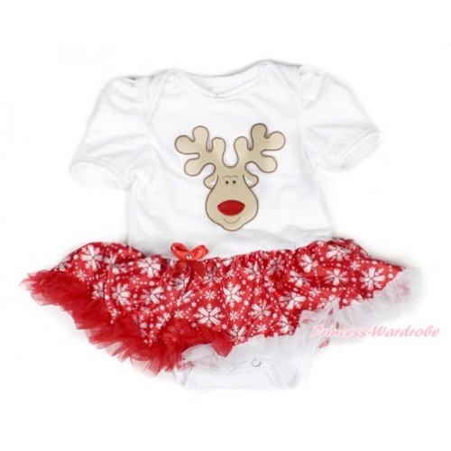 Xmas White Baby Bodysuit Jumpsuit Red Snowflakes Pettiskirt with Christmas Reindeer Print JS1525 
