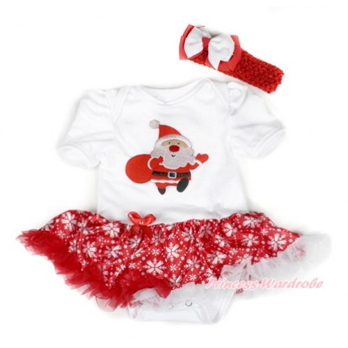 Xmas White Baby Bodysuit Jumpsuit Red Snowflakes Pettiskirt With Gift Bag Santa Claus Print With Red Headband White Red Ribbon Bow JS1535 
