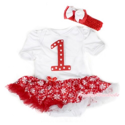 Xmas White Baby Bodysuit Jumpsuit Red Snowflakes Pettiskirt With 1st Red White Dots Birthday Number Print With Red Headband White Red Ribbon Bow JS1536 
