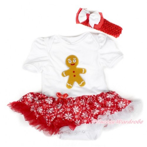 Xmas White Baby Bodysuit Jumpsuit Red Snowflakes Pettiskirt With Brown Gingerbread Man Print With Red Headband White Red Ribbon Bow JS1540 