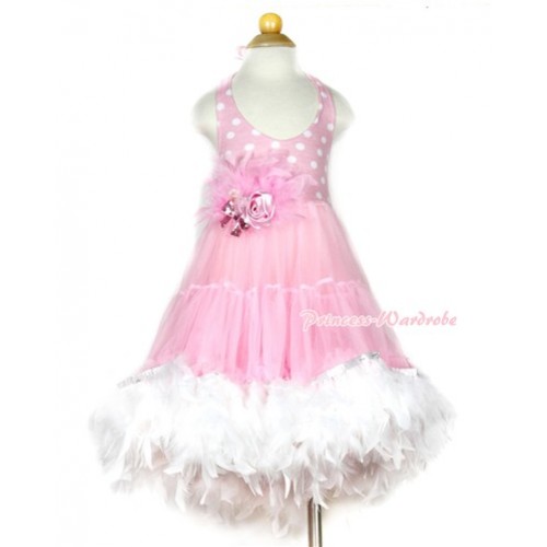 Light Pink White Polka Dots ONE-PIECE Petti Dress with White Posh Feather & Light Pink Feather Crystal Rose Bow With Accessory 2PC Set LP27 
