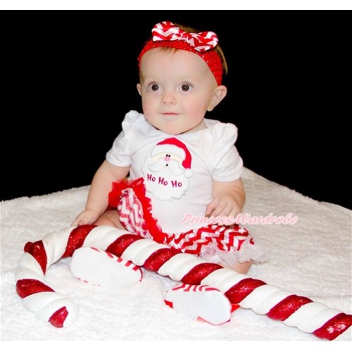 Xmas White Baby Bodysuit Jumpsuit Red White Wave Pettiskirt With Santa Claus Print With Red Headband Red White Wave Satin Bow With Red White Wave Ribbon Shoes JS1544 