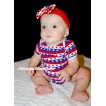 Red White Blue Striped Stars Baby Jumpsuit with Red Headband Red White Wave Satin Bow TH407 