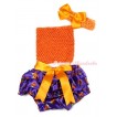 Halloween Orange Big Bow Dark Purple Pumpkin Satin Bloomer ,Orange Crochet Tube Top,Orange Headband Orange Silk Bow 3PC Set CT622 