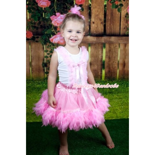 White Tank Top With Long Light Pink Ruffles & Light Pink Giant Bow With Light Pink Posh Feather Pettiskirt With Accessory MG757 