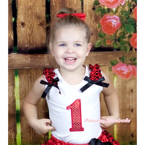 Halloween White Tank Top With 1st Sparkle Red Birthday Number Print with Red Black Dots Beetle Ruffles & Black Bow TB490 