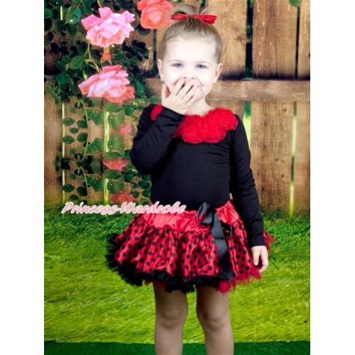 Halloween Red Black Dots Beetle Pettiskirt Matching Red Rosettes Black Long Sleeves Top MW339 