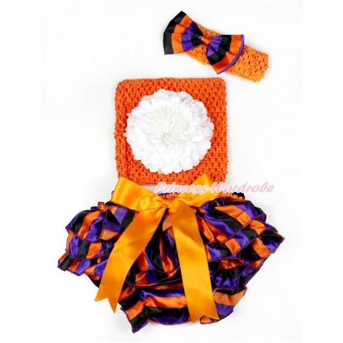 Halloween Orange Bow Purple Orange Black Striped Satin Bloomer ,White Peony Orange Crochet Tube Top,Orange Headband Purple Orange Black Striped Satin Bow 3PC Set CT645 