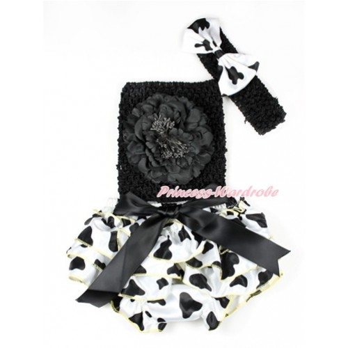 Black Bow Milk Cow Satin Bloomer ,Black Peony Black Crochet Tube Top,Black Headband Milk Cow Satin Bow 3PC Set CT648 