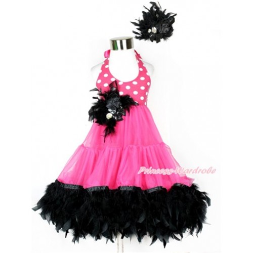 Hot Pink White Polka Dots ONE-PIECE Petti Dress with Black Posh Feather & Black Feather Crystal Rose Bow With Accessory 2PC Set LP28 