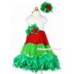 Xmas White Red Green ONE-PIECE Petti Dress with Kelly Green Posh Feather & Kelly Green Feather Crystal Rose Bow With Accessory 2PC Set LP29 