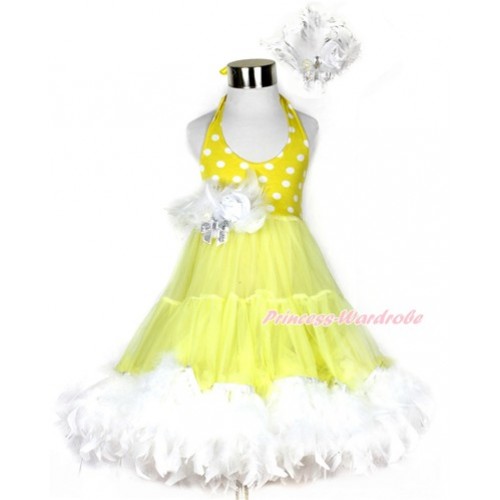 Yellow White Polka Dots ONE-PIECE Petti Dress with White Posh Feather & White Feather Crystal Rose Bow With Accessory 2PC Set LP30 