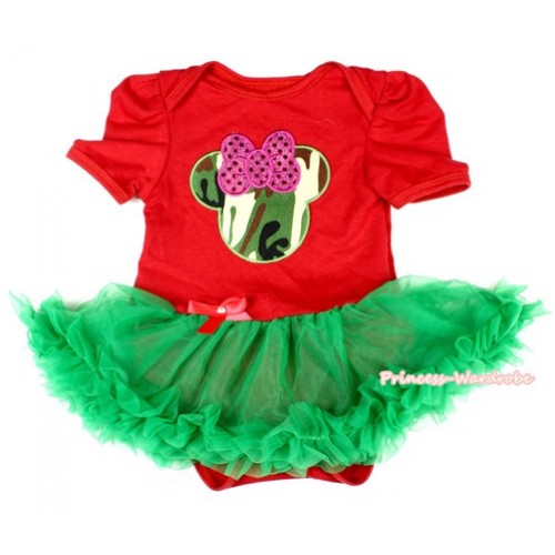 Xmas Red Baby Jumpsuit Kelly Green Pettiskirt with Sparkle Hot Pink Camouflage Minnie Print JS1555 