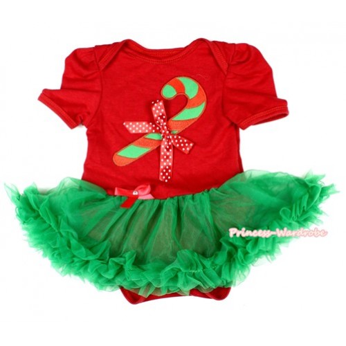 Xmas Red Baby Bodysuit Jumpsuit Kelly Green Pettiskirt with Christmas Stick Print & Minnie Dots Bow JS1557 