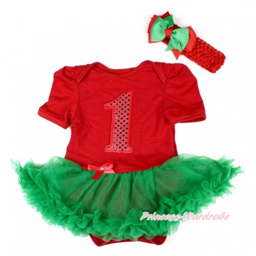 Xmas Red Baby Bodysuit Jumpsuit Kelly Green Pettiskirt With 1st Sparkle Red Birthday Number Print With Red Headband Green Red Ribbon Bow JS1587 
