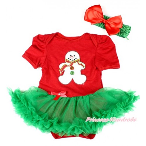 Xmas Red Baby Bodysuit Jumpsuit Kelly Green Pettiskirt With Christmas Gingerbread Snowman Print With Green Headband Red Silk Bow JS1591 