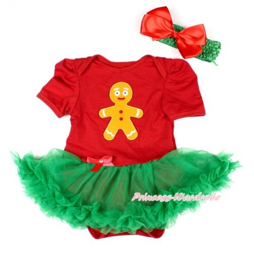 Xmas Red Baby Bodysuit Jumpsuit Kelly Green Pettiskirt With Brown Gingerbread Man Print With Green Headband Red Silk Bow JS1592 